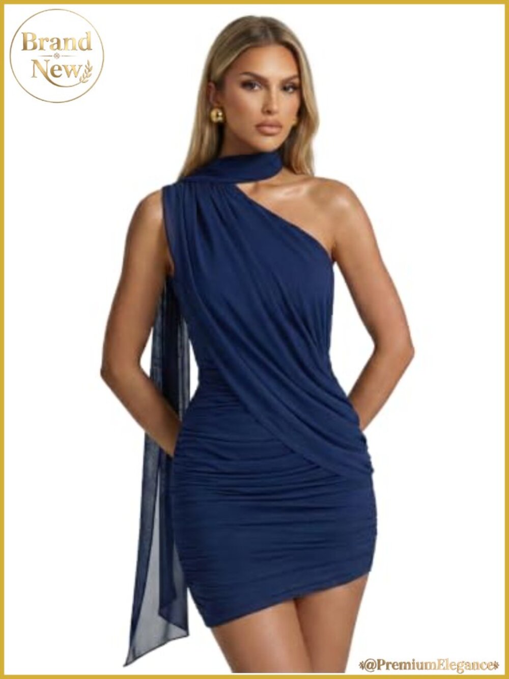 One Shoulder Ribbon Mesh Bodycon Mini Dress Ruched Open Back Cocktail Party